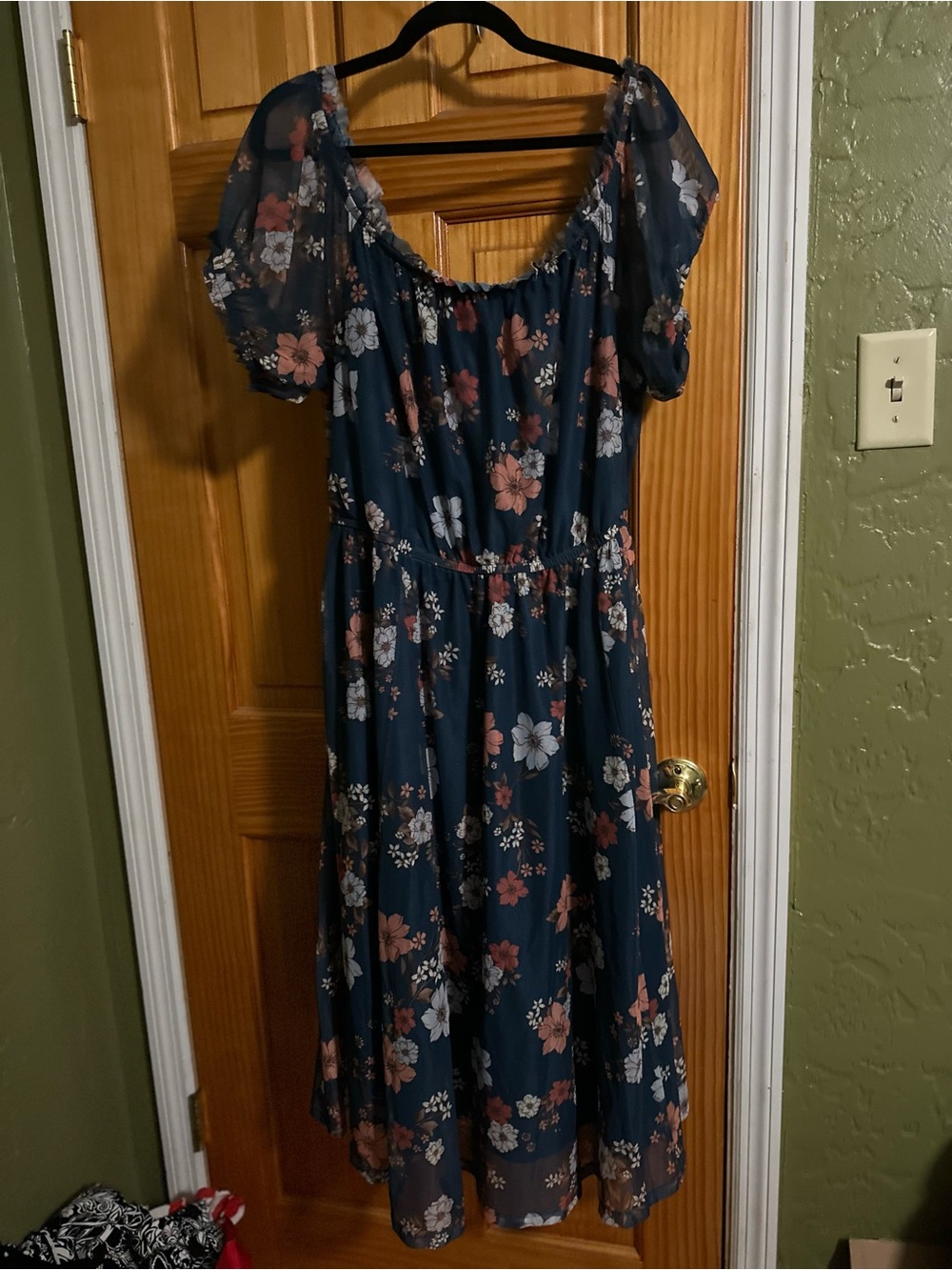 torrid Navy Floral Puff-Sleeve Midi Dress with Blush and White Blooms